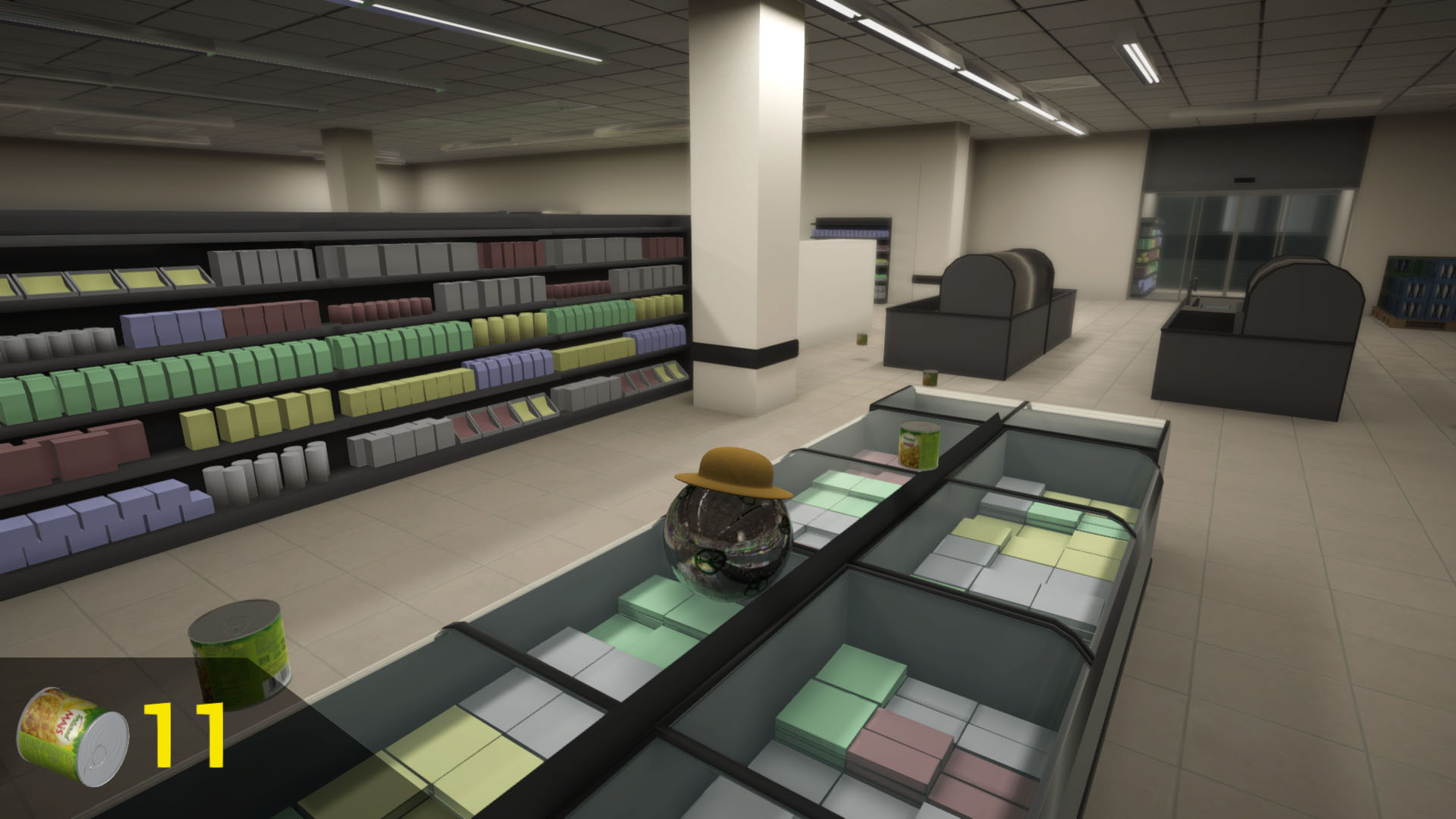 Inside the supermarket with the player on top of the freezers
